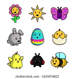 design vector spring character cartoon, flower, sun, butterfly, rabbit, egg, chick, bird, ladybug, bee