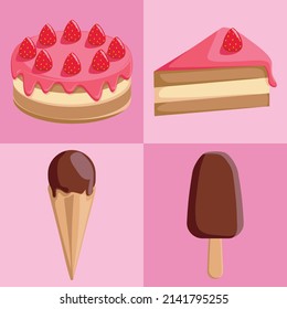 Design vector Strawberry Cake and Ice Cream Chocolate