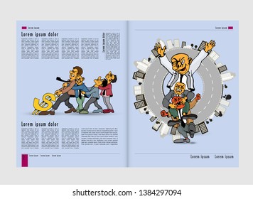 Design von Vektor-Vorlagen-Broschüren, Flyer, Präsentationen für Unternehmen mit Cartoon-Zeichen