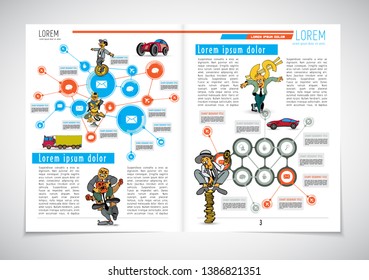 Design von Vektor-Vorlagen-Broschüren, Flyer, Präsentationen für Unternehmen mit Cartoon-Zeichen