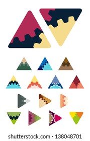Design vector triangle arrow logo element. Colorful abstract gears pattern, cute arrow icon set. You can use the machinery, factories, games, app, electronic or creative design concepts.