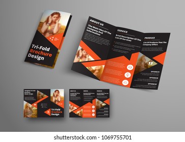 Design of a vector tri-fold brochure with orange triangular elements and place for a photo. Universal business template booklet for advertising and printing.