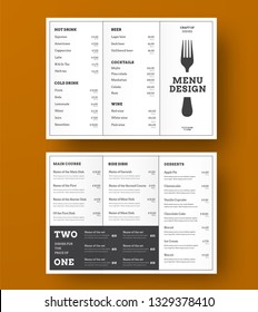 Design of the vector Trifold menu for a cafe or restaurant with black stroke and blocks for text. White print template.