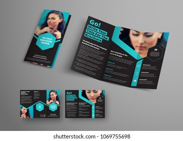 Design of a vector triple folding brochure with blue hexagonal elements and a place for photos. Universal business template booklet for advertising and printing. A black  sample for make-up