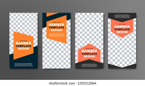 Design of vector vertical banners in black with a place for a photo and orange geometric elements for text. Web templates are standard size.