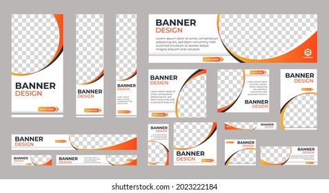 Design of vector white banners of standard sizes with a place for a photo. Vertical and horizontal web templates with semicircular elements and a round button.