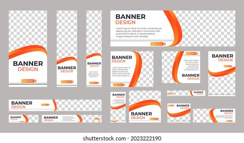 Design of vector white banners of standard sizes with a place for a photo. Vertical and horizontal web templates with semicircular elements and a round button.