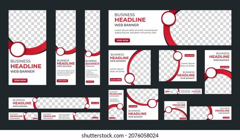 Design of vector white banners of standard sizes with a place for a photo. Vertical and horizontal web templates with semicircular elements and a button.
