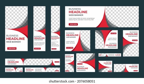 Design of vector white banners of standard sizes with a place for a photo. Vertical and horizontal web templates with semicircular elements and a button.
