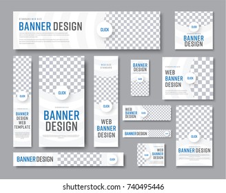 Design of vector white banners of standard sizes with a place for a photo. Vertical and horizontal web templates with semicircular elements and a round button.