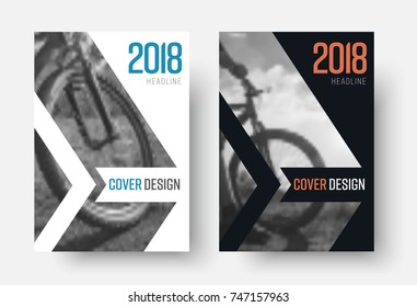 Design of vector white and black covers of the 2018 report in a minimalist style. A flyer template with an arrow for a photo and a ribbon for the title. blurred photo for an example