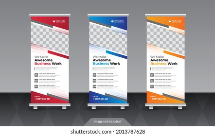 Design of vector white roll-up banners with round, square, diagonal and triangular design elements and a place for photos 