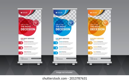 Design of vector white roll-up banners with round, square, diagonal and triangular design elements and a place for photos 