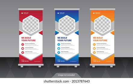 Design of vector white roll-up banners with round, square, diagonal and triangular design elements and a place for photos 