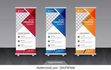 Design of vector white roll-up banners with round, square, diagonal and triangular design elements and a place for photos 