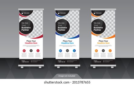 Design of vector white roll-up banners with round, square, diagonal and triangular design elements and a place for photos 