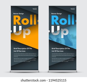 Design vector yellow, blue and black roll-up banner with intersecting triangles and space for a photo. The template in a modern style with a large header at different levels of height.