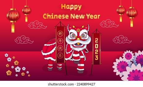 vectores de diseño. Celebración del Año Nuevo Chino 2023 con cultura de danza del león. fondo rojo con nubes, linternas y flores. (Traducción china: feliz año nuevo)