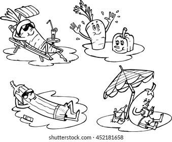 Design vegetable nice vacation. Carrot and pepper on deck taking a bath in the sea, the beach zucchini, eggplant reading a book under the 'umbrella on the sand.
