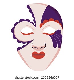 Design of Venetian carnival mask for Mardi Gras. Festive facial disguise accessory for masquerade. Painted theater masque for hiding face. Flat isolated vector illustration on white background