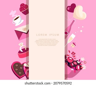 Design of vertical ad banner for Valentine's Day Celebration, Festive Romantic Elements for Romantic Dinner,Dating on pink background.Promo template Invitation.Vector illustration of advertisement