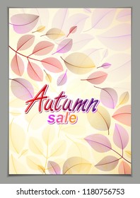 Design vertical banner with Autumn typing logo, fall red and yellow leaves frame composition background. Card for autumn season, promotion offer. Stylish classy botanical drawing, environment.