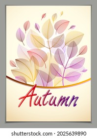 Design vertical banner with Autumn typing logo, fall red and yellow leaves frame composition background. Card for autumn season, promotion offer. Stylish classy botanical drawing, environment.