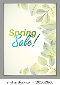 Design vertical banner with Spring typing logo, green and fresh leaves frame composition background. Seasonal card, promotion offer. Stylish classy botanical drawing, environment.