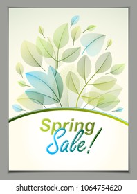 Design vertical banner with Spring typing logo, green and fresh leaves frame composition background. Seasonal card, promotion offer. Stylish classy botanical drawing, environment.