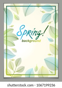 Design vertical banner with Spring typing logo, green and fresh leaves frame composition background. Seasonal card, promotion offer. Stylish classy botanical drawing, environment.