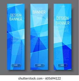 Design vertical banners with abstract blue  polygonal background and transparent diagonal elements. Vector illustration. Set