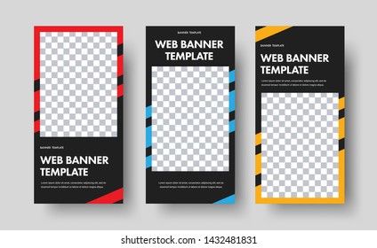 Design of vertical black web banners with a rectangular shape for the photo and color diagonal lines. A set of templates of standard size. Vector illustration
