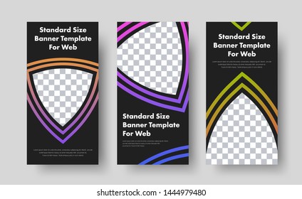 Design of vertical black web banners with place for photo and stroke with gradient. Templates of standard size. Set