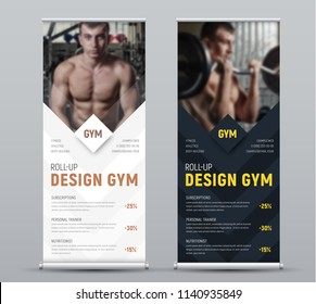 Design of vertical black and white vector roll-up banner with rhombuses for photos. Template for business and advertising, a sample for the gym.