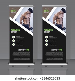 Diseño de banner vertical en blanco y negro para el rollo vectorial con rombos para las fotos. Plantilla para negocios y publicidad, una muestra para el gimnasio.
