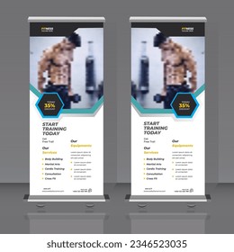 Design of vertical black and white vector roll-up banner with rhombuses for photos. Template for business and advertising, a sample for the gym.