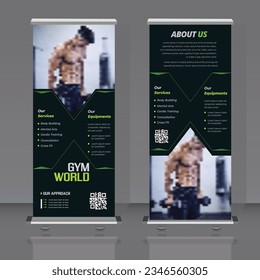 Design of vertical black and white vector roll-up banner with rhombuses for photos. Template for business and advertising, a sample for the gym.