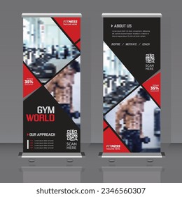 Design of vertical black and white vector roll-up banner with rhombuses for photos. Template for business and advertising, a sample for the gym.