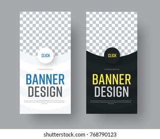 Design Vertical black and white web banners with semi-circular elements and a place for photos. Vector Template with round button.