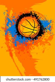 Design vertical template for basketball. Grunge ball. Abstract background for the game of the tournament. Sports poster for college banner. Bright spots and splashes.