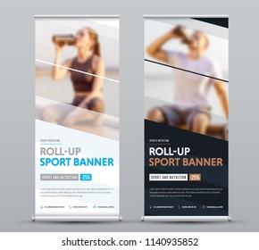 Design of vertical vector roll-up banner with diagonal elements for a photo. Black and white template for business and advertising, a sample for sports nutrition.