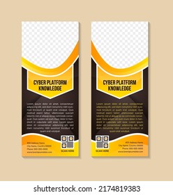 Diseño de banner vertical vectorial de enrollamiento con elementos diagonales para una foto. hay dos colores seleccionados plantilla de fondo para negocios y publicidad, una muestra para el conocimiento de ciberplataformas. 