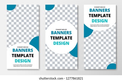 Design of vertical vector web banners with round white and blue elements, place for photo. Standard size templates for advertising and business.