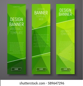 Diseño de banners web verticales con polígono de fondo verde abstracto y elementos diagonales transparentes. Ilustración vectorial. Establecer