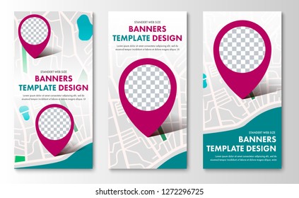 Design Of Vertical Web Banners With Map And Pointer. A Set Of Templates Of Standard Size With Space For Photos And Test.
