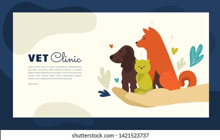 Design For Vet Clinic, Pet Care, Medicine, Veterinary Hospital. Vector Illustration With Healthy Dogs And Cat For Banner, Leaflet, Brochure, Flyer, Landing Page Layout, Presentation, Blog Post. 