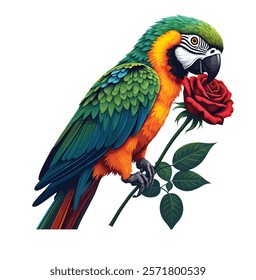 "Design a vibrant and detailed vector art illustration of a parrot holding a rose in its beak. The parrot should be perched gracefully.