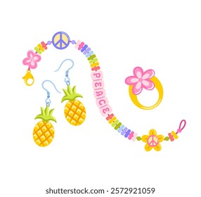 Design a vibrant DIY bracelet with letter beads showcasing a peace symbol, paired with pineapple earrings. Complete the look with a floral plastic ring, embracing Y2K and hippie styles for accessories