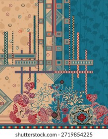 El diseño es un patrón textil vibrante y moderno con una composición dividida: un lado izquierdo beige con Formas geométricas (círculos, rayas, barras a cuadros) y un lado derecho verde azulado con sutiles siluetas florales. La parte inferior combina motivos botánicos rojos y rosas con un intrincado trabajo de líneas, creando una mezcla ecléctica de geometría abstracta y acentos florales
