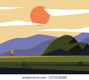 design of a view of a stretch of green grass decorated with mountains